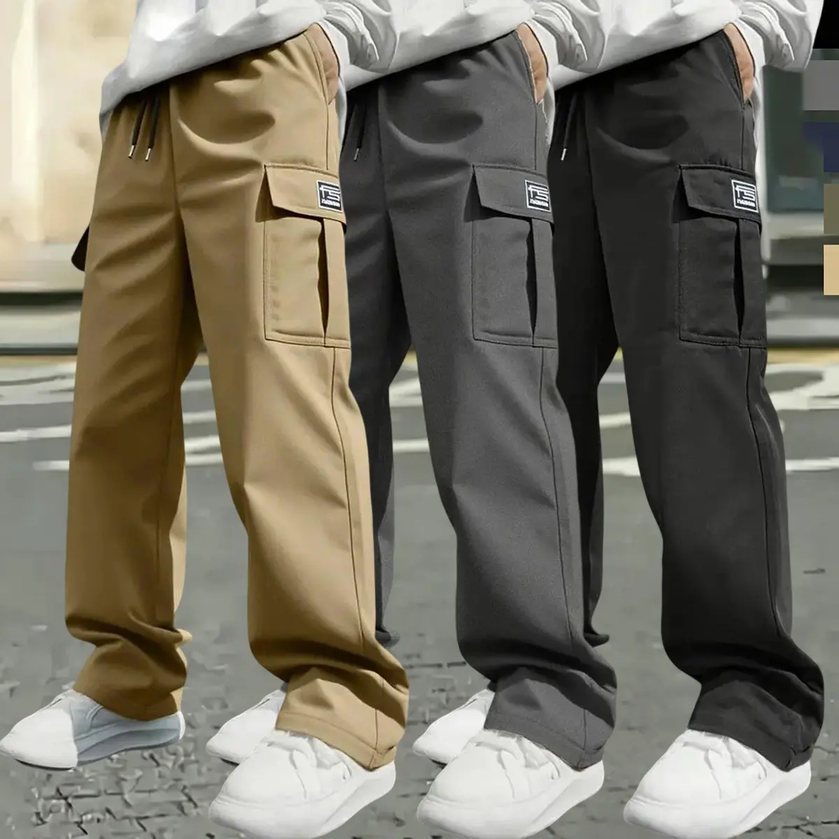 Men's 3-Piece Plain Cargo Pants - Adjustable Drawcord Elastic Waist Utility Trousers, Flap Side Pockets, Lightweight Woven Straight Leg Pants for Streetwear, Daily Outfits