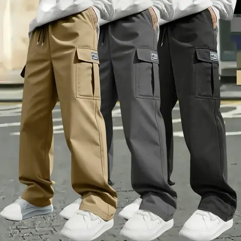 Men's 3-Pcs Plain Cargo Pants - Multipocket Utility Style, Adjustable Drawstring Mid Waist, Flap Side Pockets, Lightweight Woven Straight Trousers for Street Wear, Daily Outfits