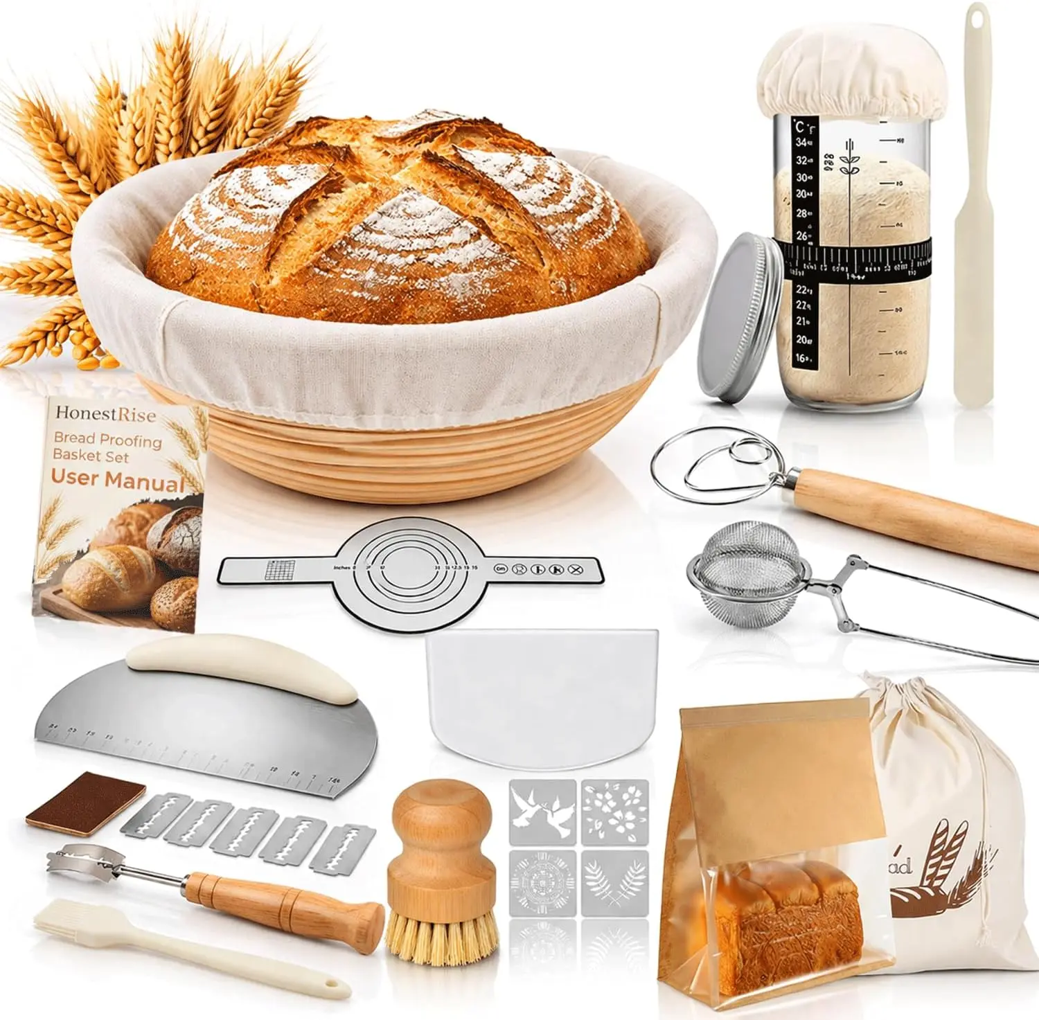 Sourdough Starter Kit with 9-in Round Rattan Banneton Proofing Basket & Starter Jar, Beginner Homemade Artisan Bread Baking Supplies, Baker Gift (Kitchenware Bakeware Set)
