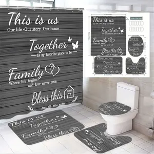 1/4pcs Gray Wooden Plank Bathroom Set Shower Curtain Sets Toilet Lid Cover 2 Floor Mats with Family Quotes Hearts Butterflies House Icons - Perfect for Home Decor, Anniversary, Thanksgiving, Christmas, Housewarming Gift