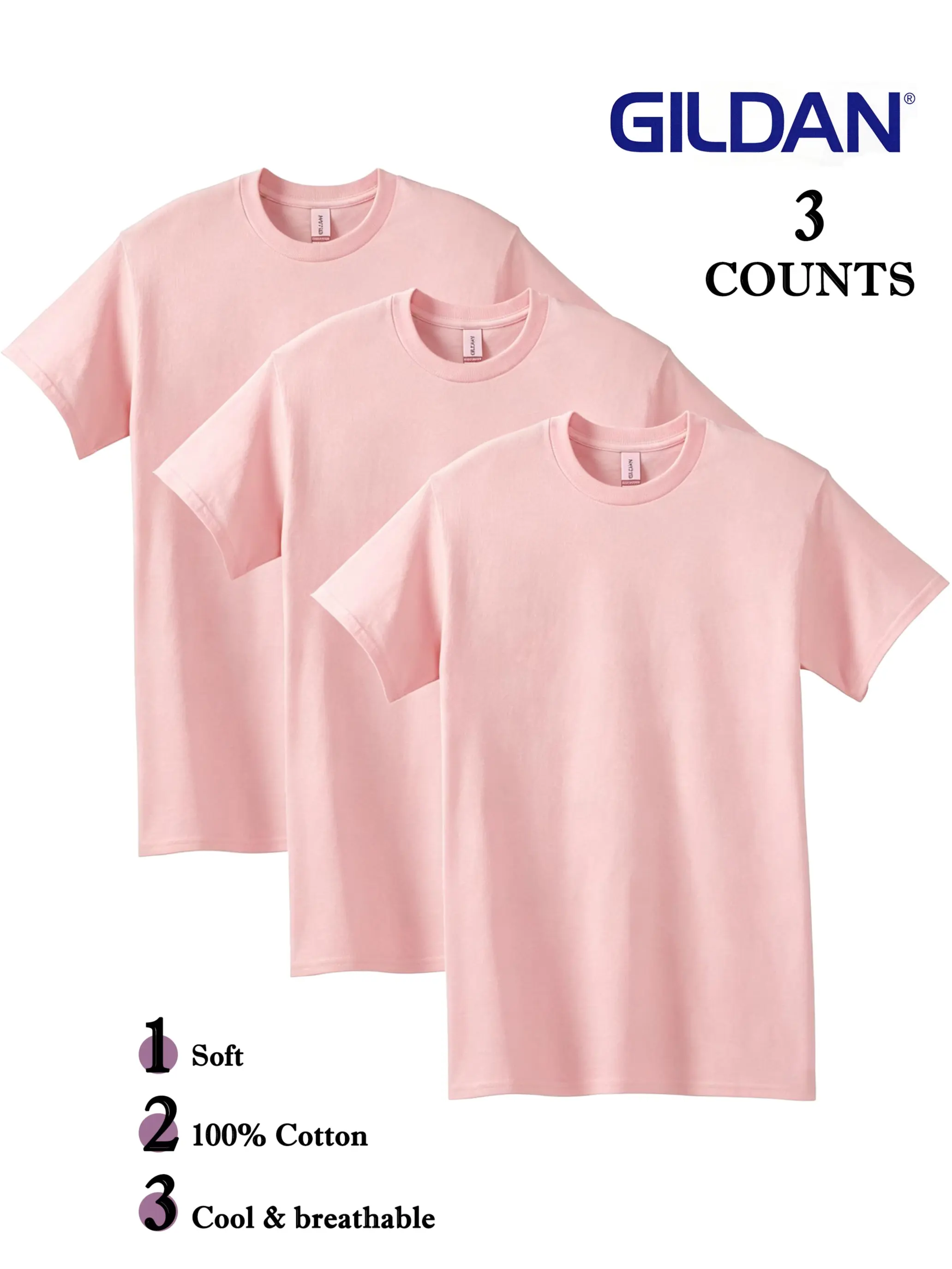 GILDAN G5000 Women's Light Pink 3-Pack Short-Sleeve Crewneck T-Shirts, Premium Cotton, Soft Comfortable Durable Basics, Line Dry, S-4XL, Layering Outfits & Casual Wear, Wardrobe Staples Undershirts Value Set, Shortsleeve, Round Neck, Pure Cotton, Softness