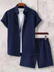 Men's Solid Color Knit Short Sleeve Casual Shirt Set, Wrinkled Texture Design, Summer Two-Piece, Must-Have Men's Clothing, Matching, Classic, Essential Set, Menswear, Casual Outfit Set, Casual Lounge Set