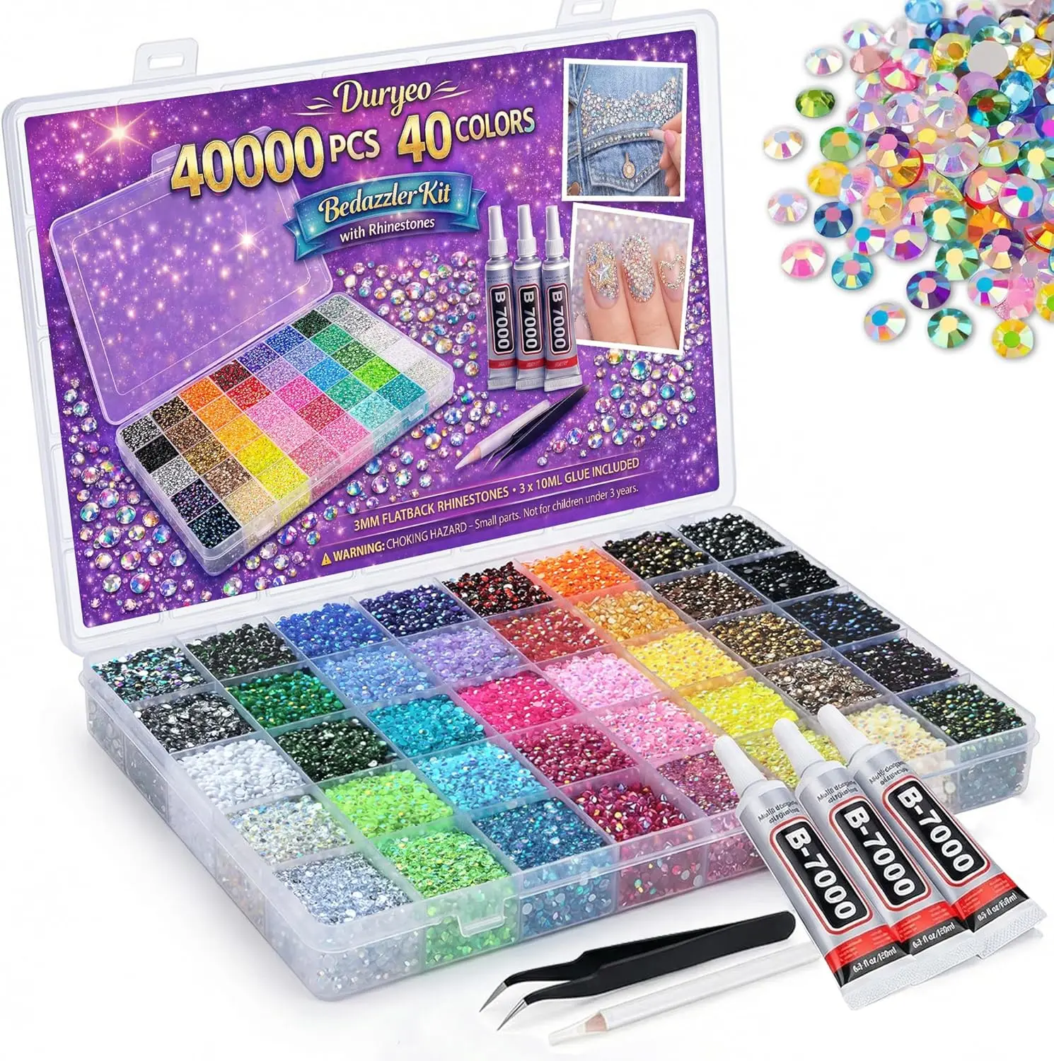 40000 PCS 40 Colors Rhinestones for Bedazzling, 3mm Flatback Resin Gems, Bedazzler Kit with Rhinestones and Tools, 3Pcs B7000 Jewelry Glue, Bedazzling Kit for Nails Clothes Shoes Books Crafts