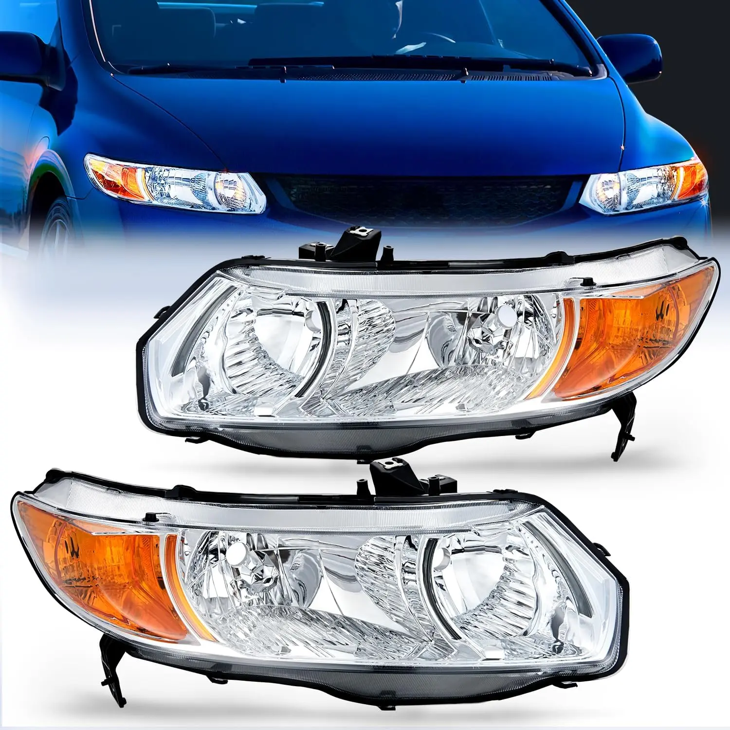 Nilight Headlight Assembly - Durable Car Lighting Upgrade, IP65, Brightening, Adjustable, Compatible with 2006-2011 Honda Civic 2-Door Coupe, Chrome Housing, Amber Reflector, Driver & Passenger Side Replacement Headlamps for Safety Visibility, Durability,