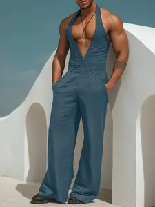 INCERUN Men's Fashion Tropical Simple Plain Solid Color Casual Zip Design Sleeveless Overalls Jumpsuit, Menswear, Perfect for Daily Wear, Comfortable and Stylish