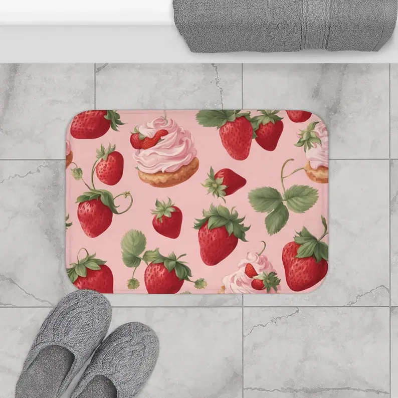 Whimsical Strawberry Shortcake Toile Bath Mat - Blush Pink Vibrant Bathroom Decor Bath Mat Strawberrydesign Bedroom, Or Study Decor Fast Drying Anti-Slip Soft Carpet For Bathroom Shower Laundry Room Flannel Bath Mat Home Decor Gift