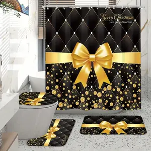 Luxury Gold Bow Christmas Theme Shower Curtain Set, Non-Slip Mat, U-Shaped Rug, Toilet Lid Cover, Perfect Bathroom Decor, Includes 12 Hooks