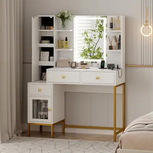 Modern Makeup Vanity Desk w/ Mirror and Lights & Charging Station – Makeup Vanity with Jewelry Storage, Cabinet & Drawers for Bedroom