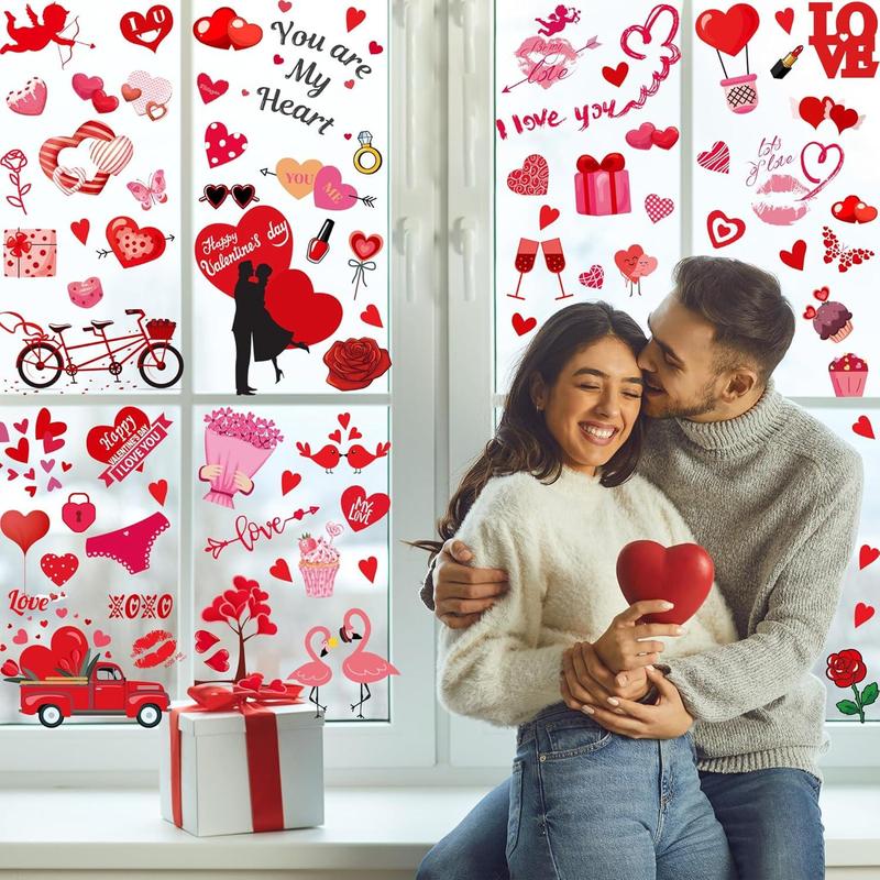 i-Beeboo Valentines Day Decor Window Clings 10 Sheets for Glass Windows Double-Sided Heart Decals with Red Love Flowers & Gifts Easy to Apply No Adhesive Needed