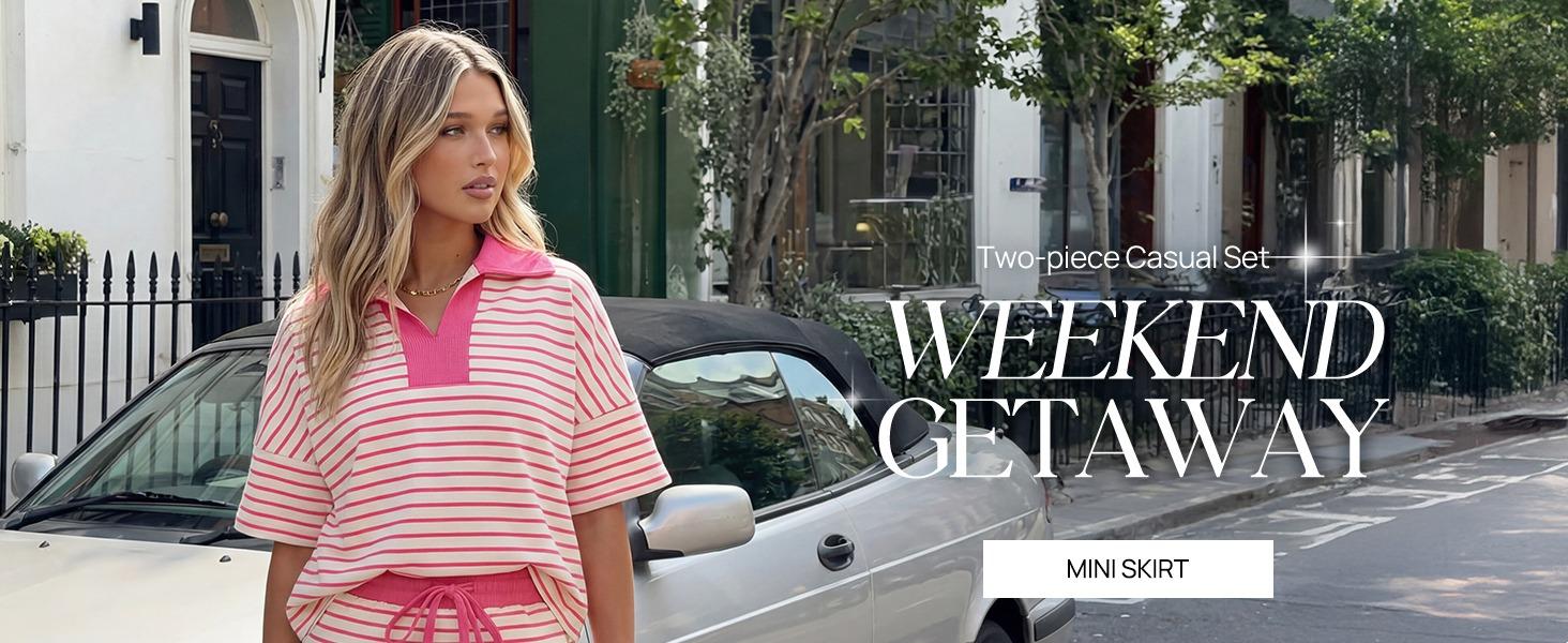 MEROKEETY Women's Striped 2 Piece Outfits Casual Skirt Set Workout Short Sleeve Polo Shirt Skort Matching Lounge Sets