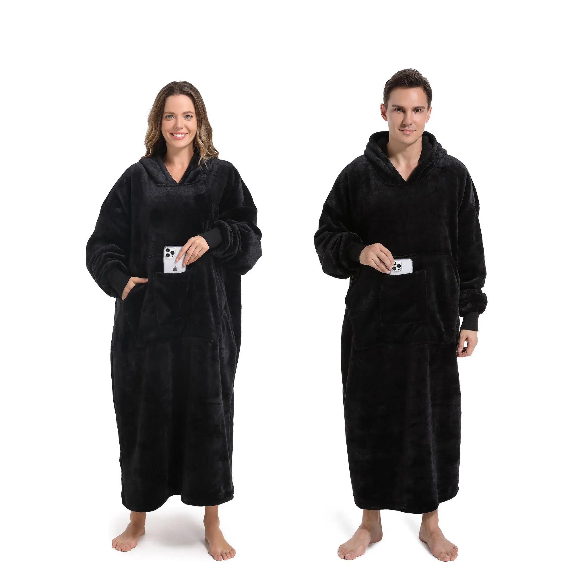 REDESS Thick Flannel Robe with Sherpa Lining and Hood Ultra Warm Plush Bathrobe with Pockets Unisex Home Outfit