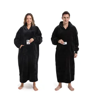 REDESS Thick Flannel Robe with Sherpa Lining and Hood Ultra Warm Plush Bathrobe with Pockets Unisex Home Outfit