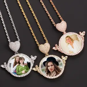 Custom Personalized Memory Photo Frame Pendant HipHop Iced Heart Hook Angel Medallion Brass Gold Solid Back Zircon Men Women Pendants
