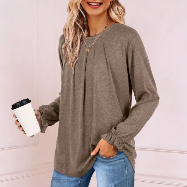 Womens Casual Basic soft Blouse Summer Solid Color Shirts Crew Neck Pleated Ruffle Sleeve Tops