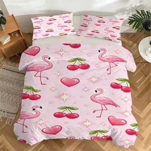 Flamingo Cherry Pattern Duvet Cover Set, 2/3Pcs Digital Print Bedding Set, Soft Microfiber, Cozy Breathable, Aesthetic Bedroom Decor for Girls Teens, All Season Use, Includes 1 or 2 Pillowcase - No Filling/Zipper Closure