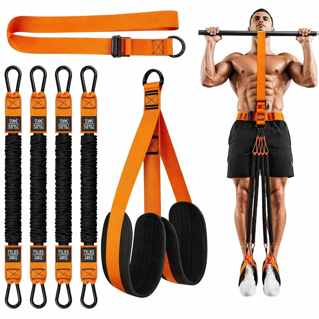 Adjustable Pull-Up Assistance Belt with Dual-Foot Straps & Resistance Bands – Heavy-Duty Metal Rings, Padded Footrests for Safe, Stable & Comfortable Full-Body Workouts