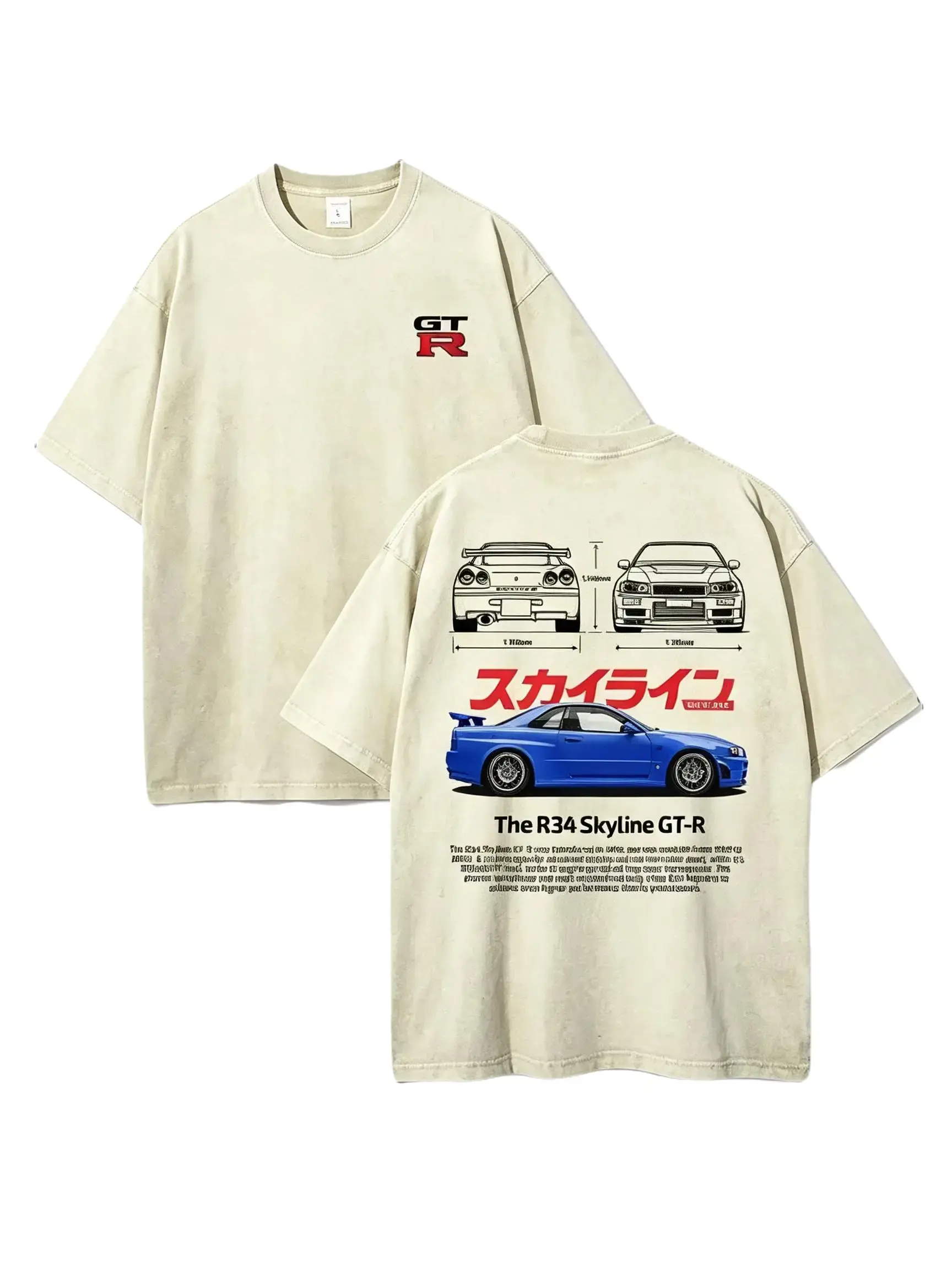 R34 Skyline GT-R Blueprint T-Shirt, Washed Oversized Tee, Retro JDM Racing Shirt, Gift For Car Enthusiasts,casual streetwear top,oversized t shirts,practical design,everyday tshirt.