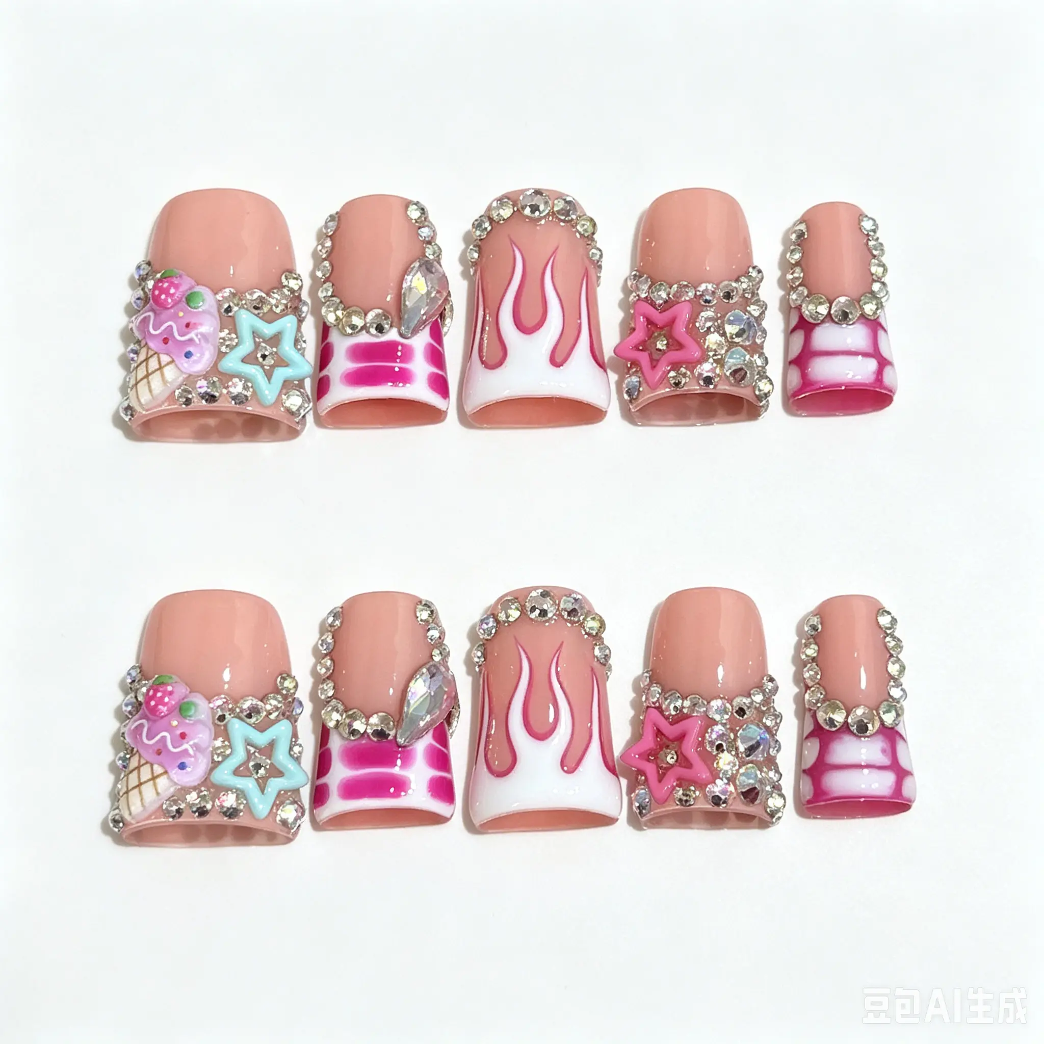 33duck shape icecream star flame rhinestone french tip luxury acrylic handmade press on nails