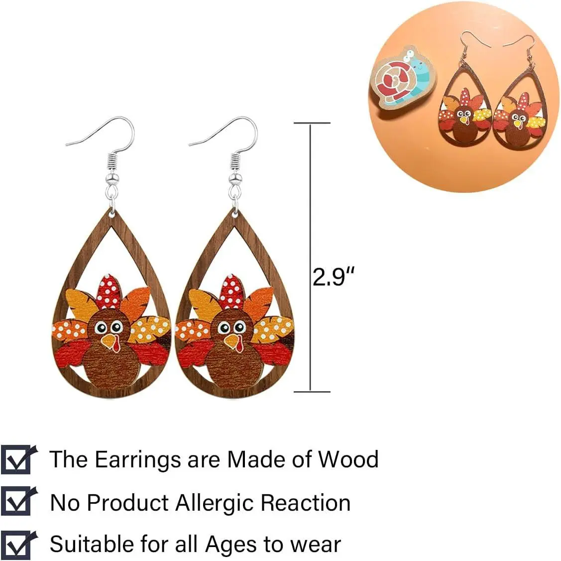 3PairsThanksgiving Earrings for Women Fall Earrings Wooden Earrings Cute Turkey Pumpkin Dangle Earrings Leaf Coffee Lightweight Fun Autumn Drop Earrings Thanksgiving Jewelry Gift