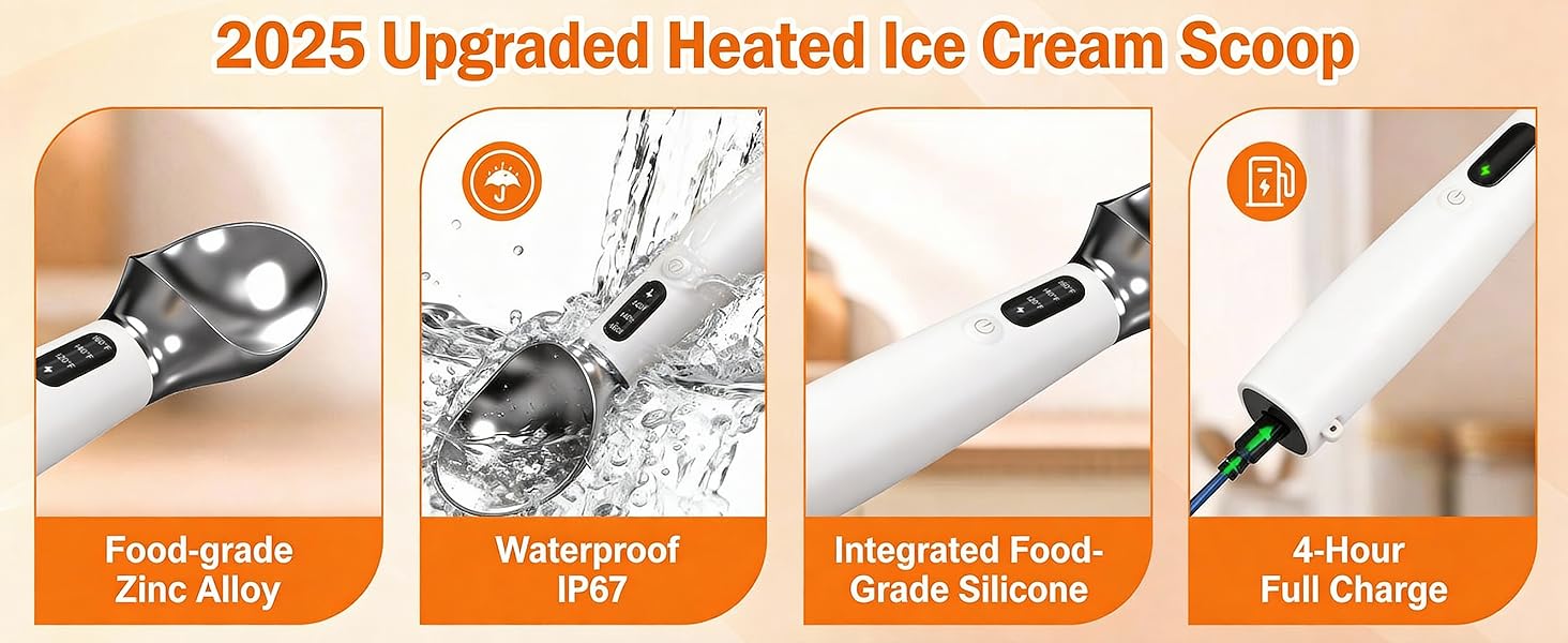 Heated Ice Cream Scoop, Electric Ice Cream Scoop With 3 Temperature Settings (120°F/140°F/160°F) For Rock-Hard Ice Cream, USB-C Rechargeable, Ice Cream Scoop Heating, IPX7 & Easy Clean, Ergonomic Design, Gift