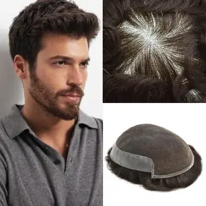 French Lace Front Men's Toupee Bleached knots for Natural Hairline Hair System for Men Skin Poly Breathable Men hair piece with Natural Looking