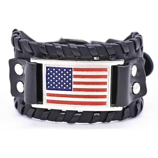 American Flag Punk Style Wide Faux Leather Bracelet, Braided Detail and Metal Plate Adjustable Unisex Cuff for Daily Wear and Festivals