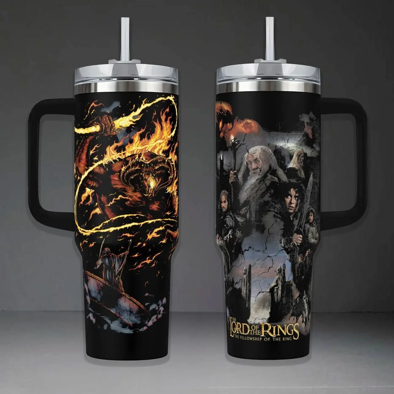 Lord of the Rings Stainless Steel Water Bottles - 40oz Tumbler with Handle, Lid & Silicone Straw; 20oz No-Handle Tumbler, Vintage Fellowship of the Ring/Gandalf vs Balrog Graphics, Insulated Portable Fan Gift