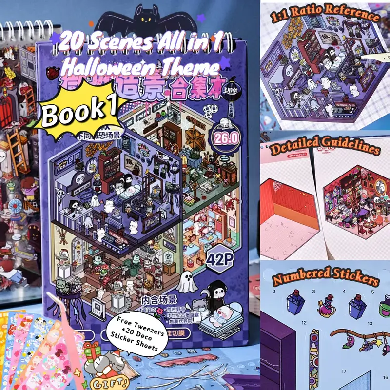 [20 Scenes All in 1 Book with Guideline!!] Top Value Pick 3D Sticker Scene Books, Cute, Horror, Fantasy Style Stickers, DIY Cartoon Stickers, Numbered Stickers, Halloween & Christmas Sticker Gifts, Artisan-Crafted, Screen-Free Activity, Afterwork Crafts