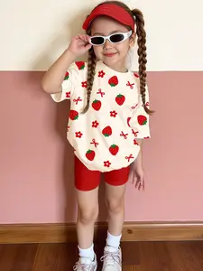 Strawberry Bow Print Set, Block, 2-Piece Girls', Elastic Waist Shorts, Casual Summer Wear, Ages 4-12, Casual Fashion Set
