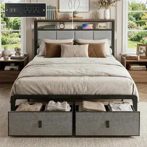 Luviyoo Upholstered Full Bed Frame with 2-Tier Storage Headboard, Metal Platform Bed with Charging Station, Full Size Bed Frame with 2 Under Bed Storage Drawers, No Box Spring Needed, Noise-Free