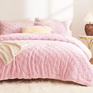 Size Comforter Set Blush , Fluffy Plush Fleece Comforter with Checkered , Farmhouse Boho Soft Warm Bed Set, 3 count, 1 Comforter and 2 Pillowcases