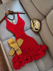 Women's Solid Knit Slip Dress, V-Neck with Thin Spaghetti Straps, Bodycon Fit, Ruffle Hem, Short Mini Dress, Casual Wear, Perfect for Summer Dates, Beach Vacation, Shopping with Friends & Music Festivals