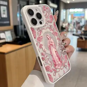 Pink Virgin Mary & Rose Magnetic Phone Case With Magnetic Ring Design Exuding A Minimalist and premium functional vibe anti-yellowing slim and fitanti-yellowing for iPhone 16 15 14 13 12 Pro Max Samsung Galaxy S25 24 23 22