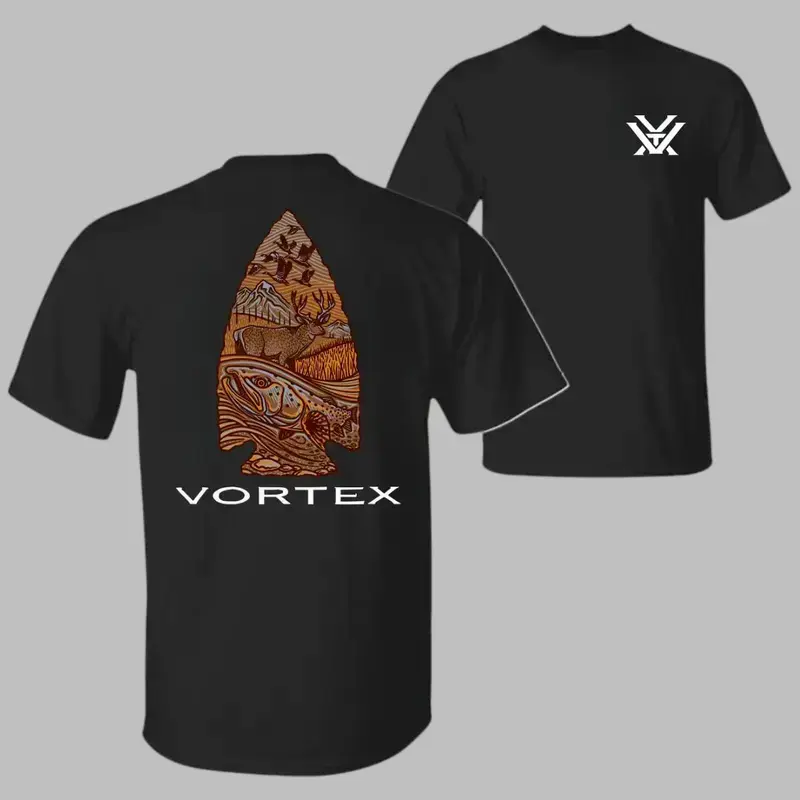 TLXT Vortex Arrowhead Wildlife T-Shirt – Navy Tee Featuring Detailed Outdoor Scene with Trout, Deer, Ducks, and Mountains Inside Arrowhead Graphic, Perfect for Hunters, Anglers, Nature Lovers, and Fans of Rustic Outdoor Apparel, Top Menswear Streetwear