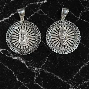 925 Sterling Silver Guadalupe San Judas Pendant Diamond Cut Religious Jewelry