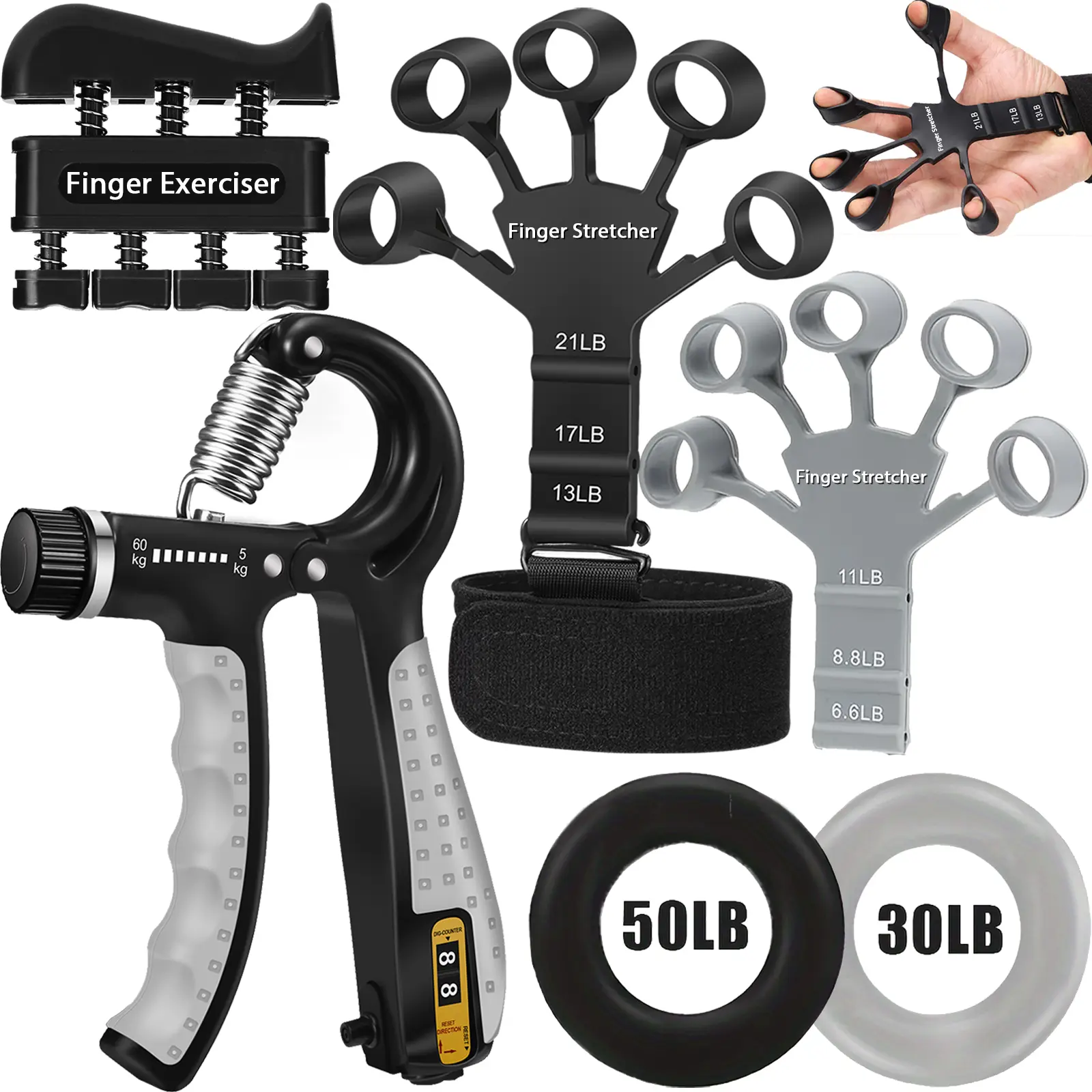 Grip Strength Trainer 6Pcs-Adjustable Hand Gripper, Finger Exerciser, Finger Stretcher, Forearm Workout Rings, Hand,Finger&Forearm Gripster for Strength Training, Muscle Building & Injury Recovery
