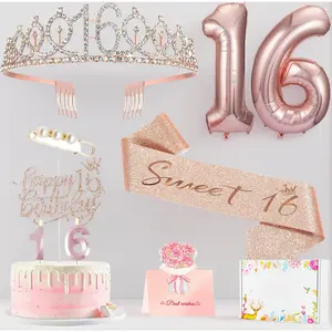 Sweet 16 Birthday Party Decorations Kit for Girls - Includes Sash, Tiara, Cake Topper, Number Candles & Balloons. Complete 16th Birthday Party Supplies Set, Perfect Gift Idea
