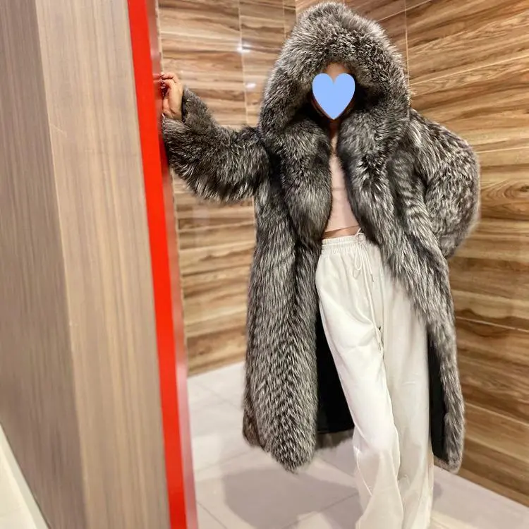 Autumn Winter New Women's Faux Fox Fur Long Coat Hooded Coat Winter Trench Coat