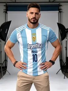 Argentina Home Jersey Messi No.10 3D Print Short Sleeve Men's World Cup Memorial Tee, Blue Stripes, Casual Slim Fit, All Seasons