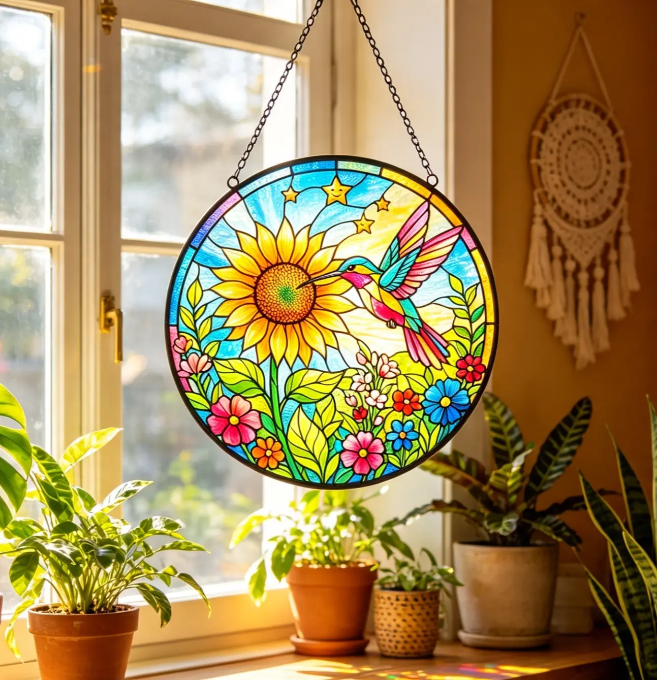 Stained Glass Hummingbird And Sunflower Suncatcher, Colorful Window Hanging Panel, Boho Home Decor, Garden Suncatcher Gift