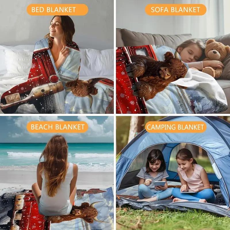 Cute Highland Cow Pattern Blanket Soft Throw for Home Office Travel Camping Cozy Lightweight Flannel Retro Festive Design Perfect Holiday Christmas Gift