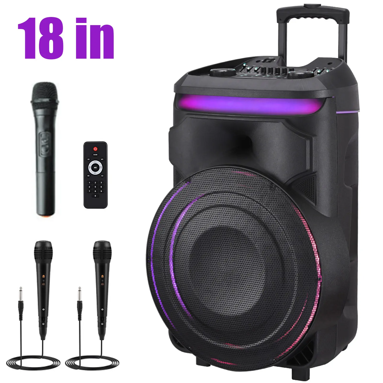 18" Portable Bluetooth PA Speaker Wireless Rechageable With LED Party Light 18 inch Subwoofer 3 inch Tweeter Heavy Bass Karaoke DJ disco Speaker