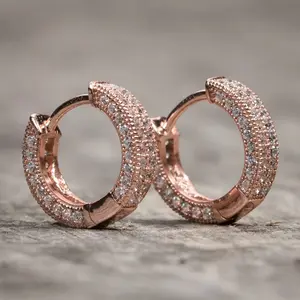 Mens Iced Rose Gold Plated Sterling Silver Small CZ Huggie Hoops Earrings