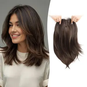 Ms Taj Hair Topper 12inch Clip in Synthetic Hair Toppers for Women with Thinning Hair Layered 6.5"X6.5" Big Base Toppers Hair Pieces for Women Natural Look Medium Brown with Highlights