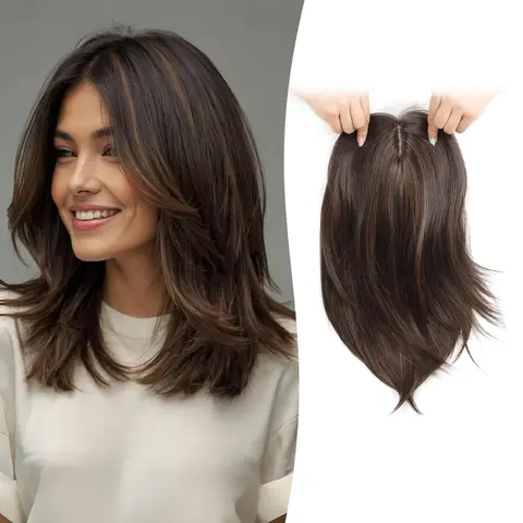 Ms Taj Women's 12in Clip-in Hair Topper for Women, 6.5"X6.5" Big Base Layered Natural Fluffy Synthetic Hairpiece - Anti-Thinning Synthetic Extensions & Pieces, Medium Brown with Highlights/Brown Black, Detachable, Volume-Boosting, Ideal for Weddings