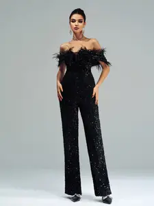 MISSORD Off Shoulder Feather Jumpsuits Womenswear Overalls Black Slight Stretch Back Zipper Padded
