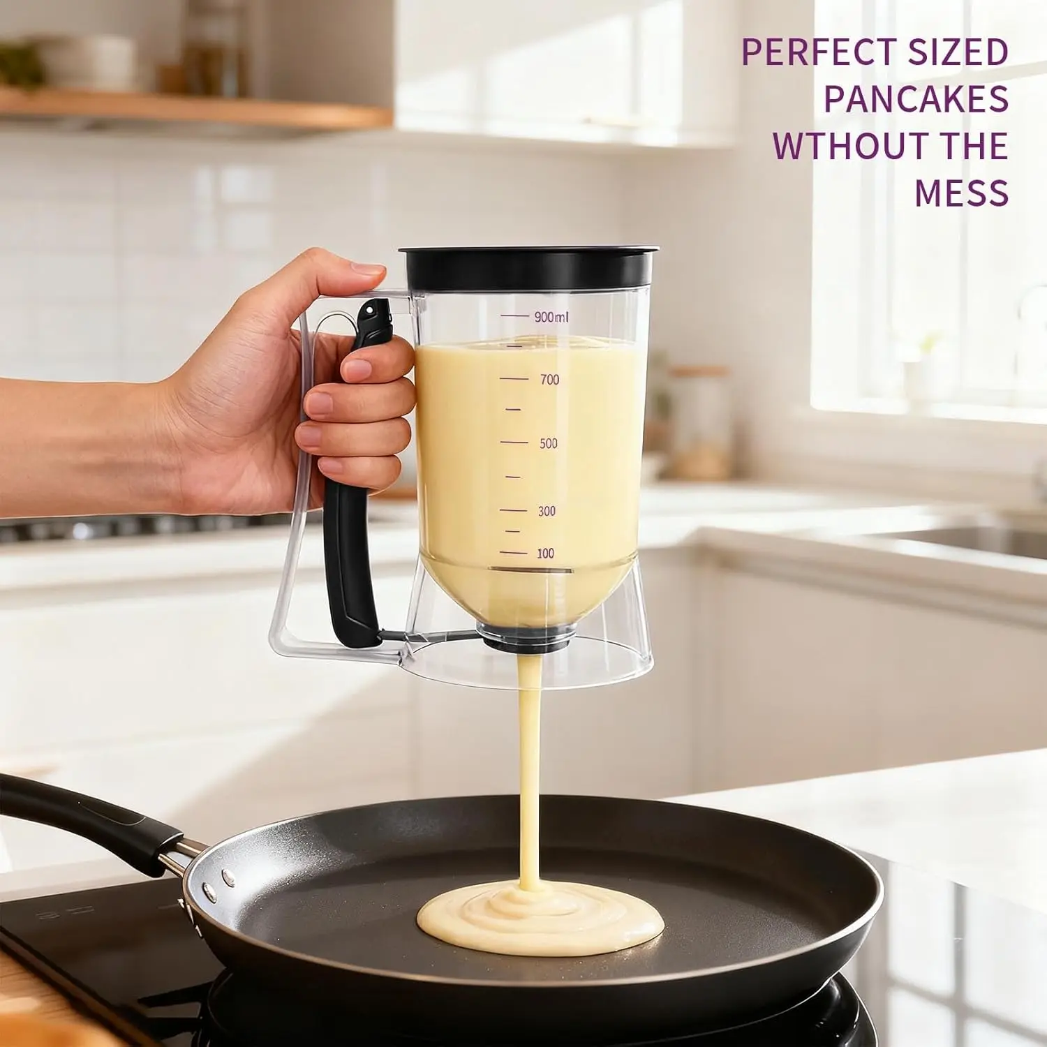 Pancake Batter Dispenser Kitchen Must Have Tool for Perfect Pancakes Cupcake Waffle Cake & Crepe Batter Separator Maker with Measuring Label Easy Pour Baking Supplies for Griddle Black