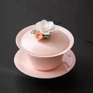 Pastel Pink Ceramic Gaiwan Tea Cup - Handcrafted 3D Floral Lid | Cute Chinese Tea Bowl with Saucer for Tea Ceremony