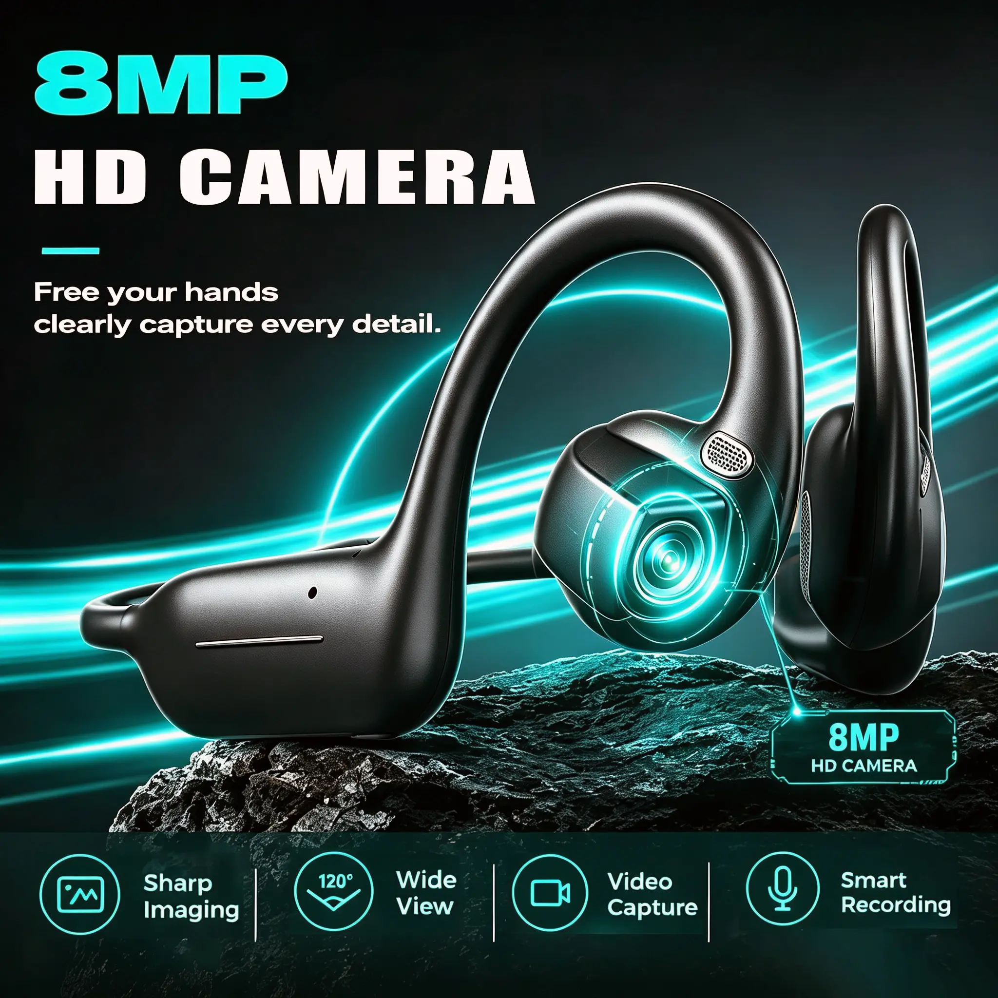 E12 Bone Conduction AI Camera Headset - Bluetooth Headphones with AI Voice, Open-Ear Design, Smart Conversation Support, HD Video Recording Capability