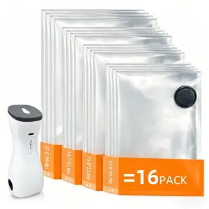 2-in-1 Rechargeable Air Pump Vacuum Storage Bags, Inflation/Deflation Dual Use Travel Compression Bags, 16Pack Reusable Space Saver Bags for Suitcase, Clothes and Home Wardrobe(Gray and white)
